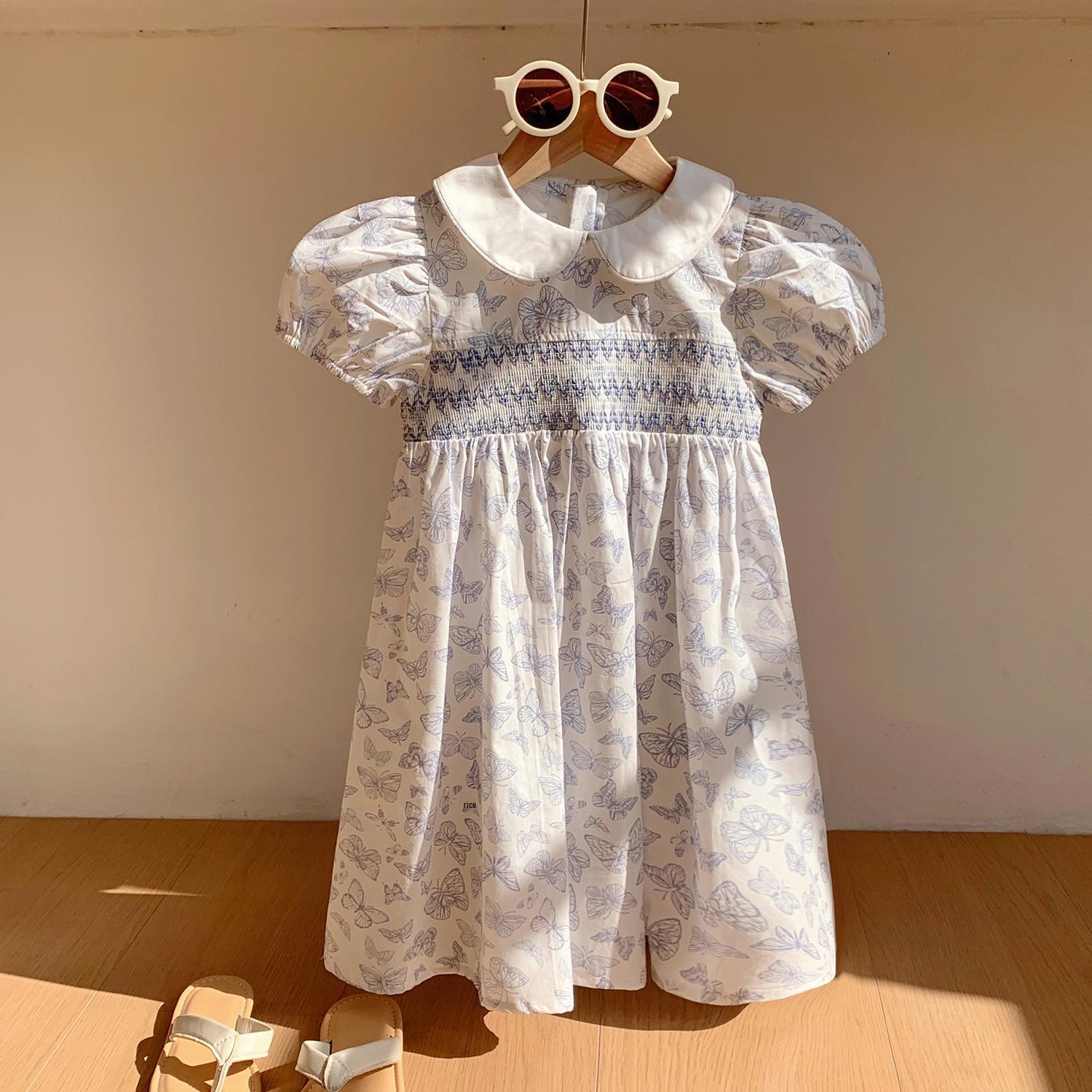

2025 Summer Butterfly Print Smocked Puff Sleeve Dress for Girls - French Style, Sizes Small to Medium 120 cm