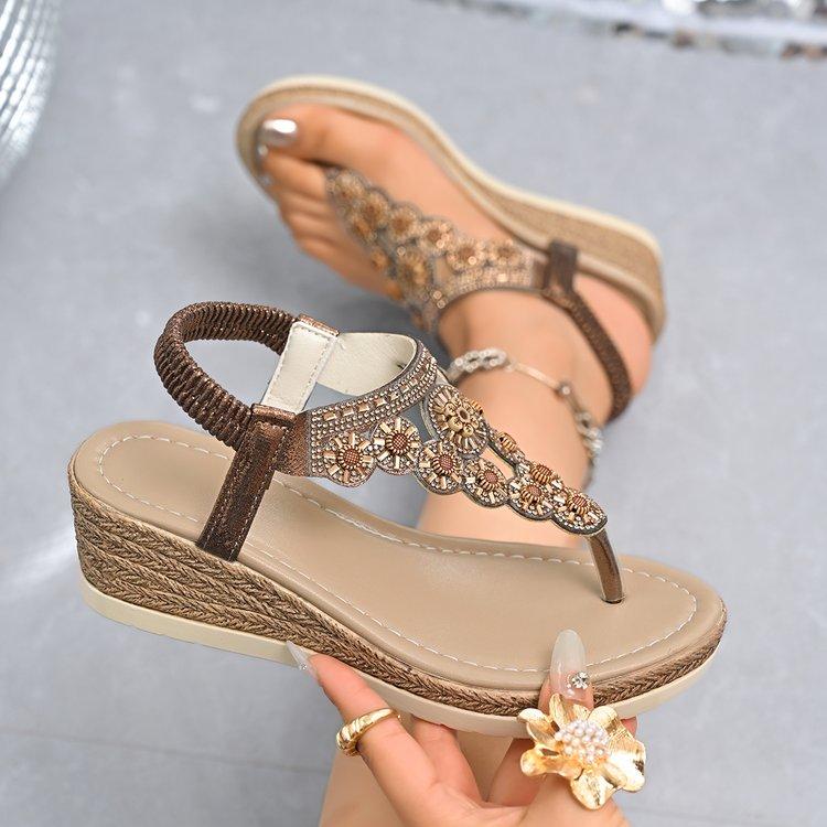 Fashion 2025 New Women's Thick Platform Wedge Sandals Fashion Trend Diamond Leisure Leather Sandals Bohemian Style Bohemian Roman Shoes