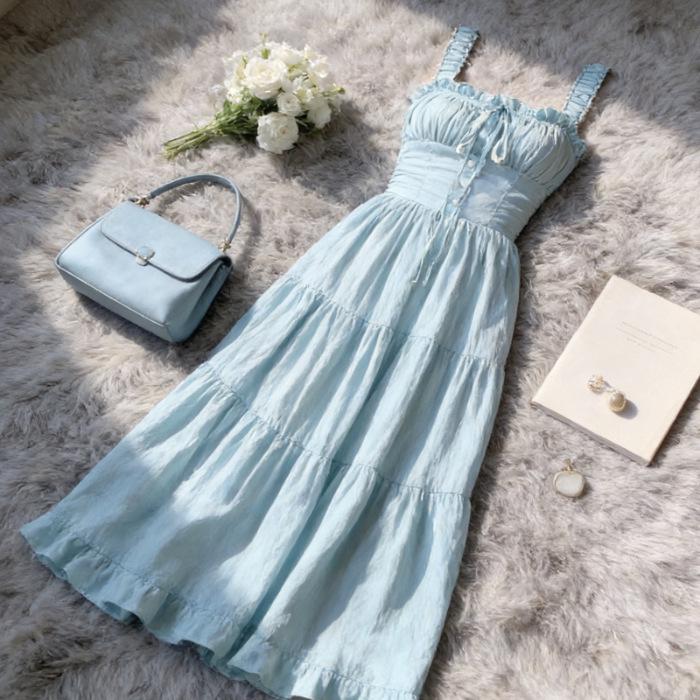 Petite Spaghetti Strap A-line Midi Dress with Waist-Cinching Design - Women s French Summer Style 2026 Small