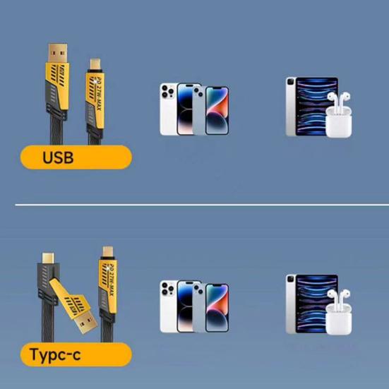100/150/200CM 4-In-1 Charging Cable USB Type-C 8Pin 65W 480Mbps Fast Charging Cellphone Tablet Braided Data Cable Wire Cord