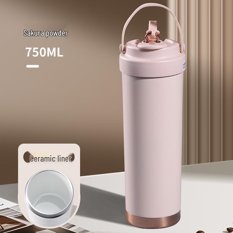 Premium Ceramic Coffee Cup with Straw - Insulated Double Wall Design for Men & Women, Cold/Heat Retention, Engraved Handle.