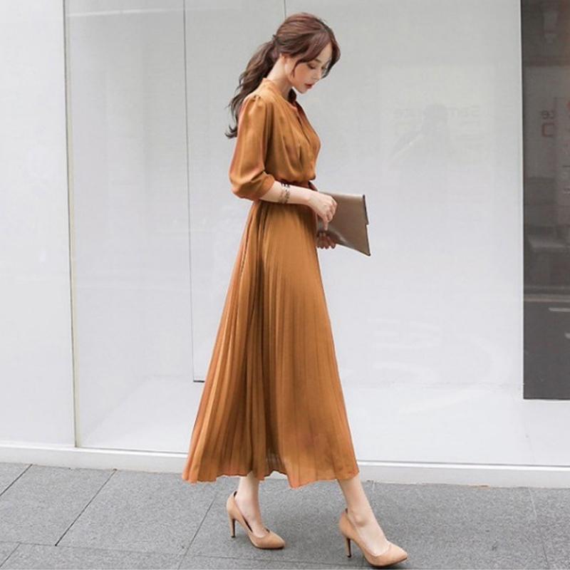 

Элегантное модное женское шифоновое плиссированное платье, весеннее, новое, с длинным рукавом, бандажное, с тонкой талией, вечернее платье А-силуэта, воротник-стойка, свободная, повседневная, простая одежда 2791 2XL