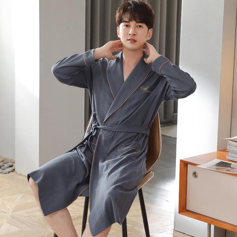 Nightgown Men'S Pajamas Men'S Bathrobes Spring And Autumn Autumn Cotton Long-Sleeved Loungewear Cotton Long-Size Bathrobe