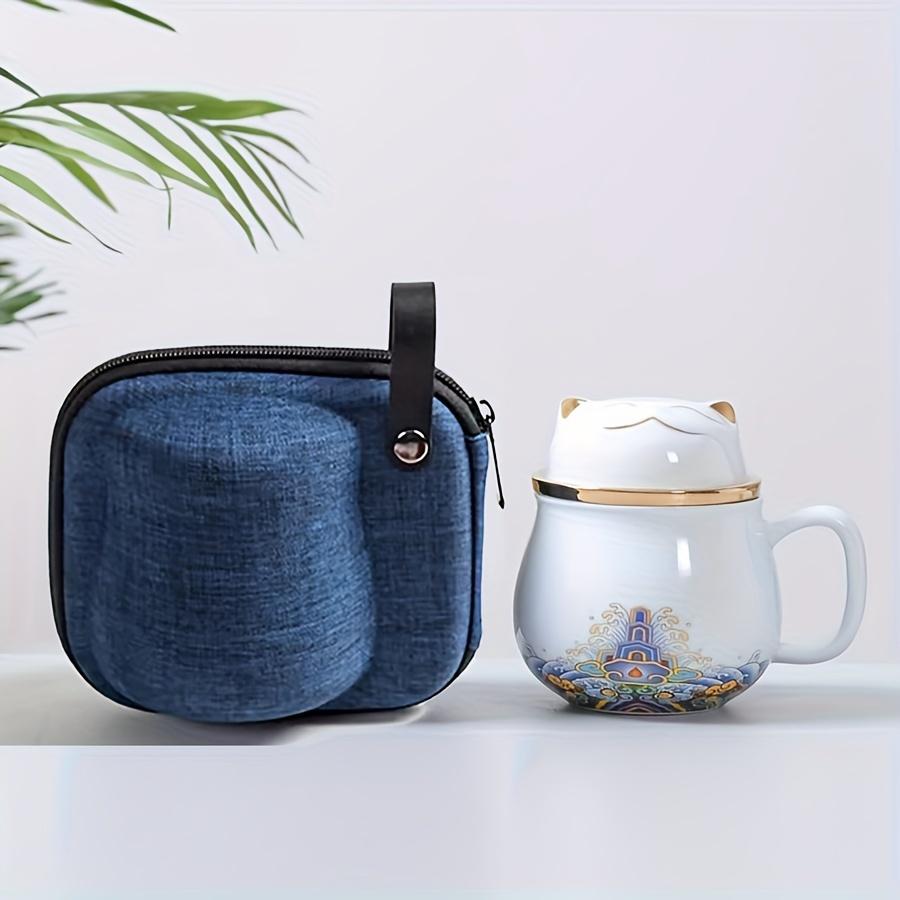 

Set, Ceramic Chinese Fortune Cat Tea Mug With Infuser And Lid, Portable Travel Bag, Drinkware 200-400ml белый