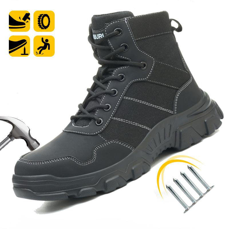 Men's High-Top Safety Work Boots Steel Toe Puncture-Proof Smash-Resistant Kevlar Lined Outdoor Shoes