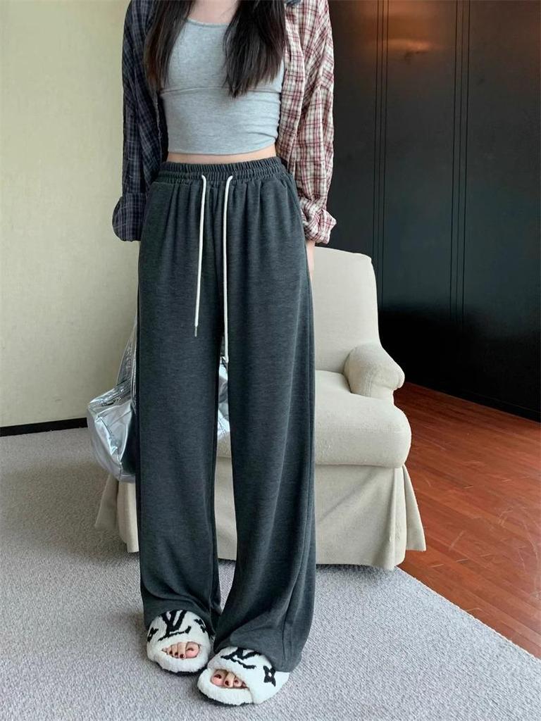 Petite Slimming Wide-Leg Fleece-Lined Pants for Women - Casual Elastic Waist, Loose Fit for Autumn/Winter