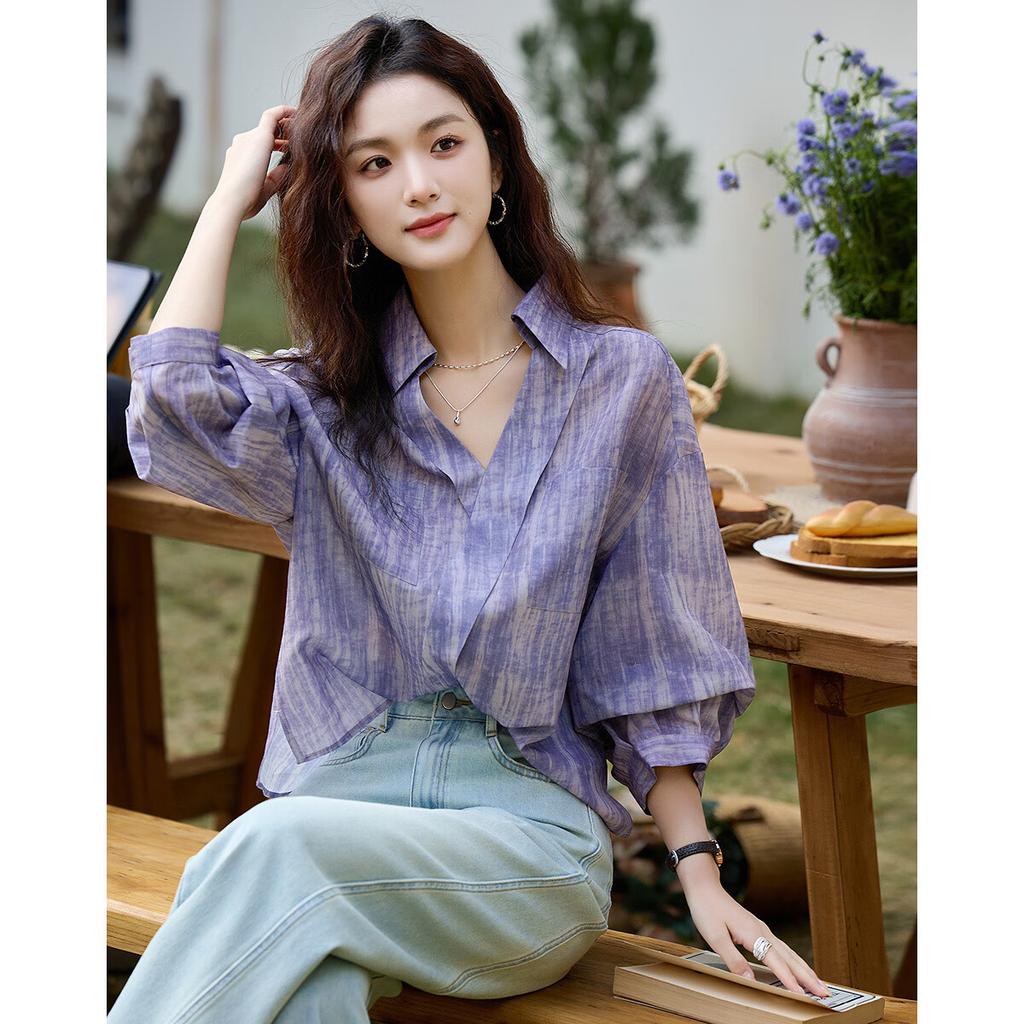 Dme [Art Student Outfit] Summer Artistic Gradient Lapel Shirt, Loose Comfortable Blouse, Women's Top