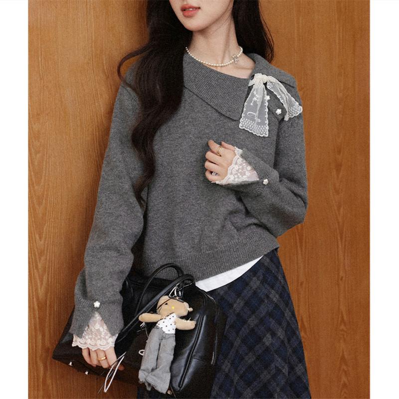 Herbst und Winter Kragen Spitze Träger Pullover Pullover für Damen Langarm Locker Gestricktes Oberteil