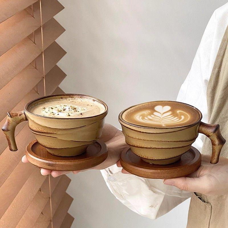 Vintage Ceramic Coffee Mug – Rustic Handmade Latte Cup with Bamboo-Style Design