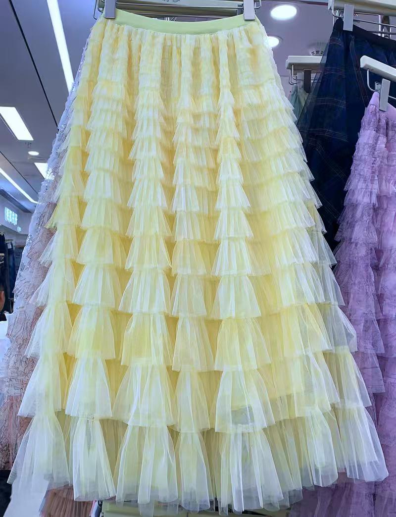 Women s Tie-Dye Layered Mesh Mid-length Skirt - Spring/Summer Slimming Style One Size жёлтый