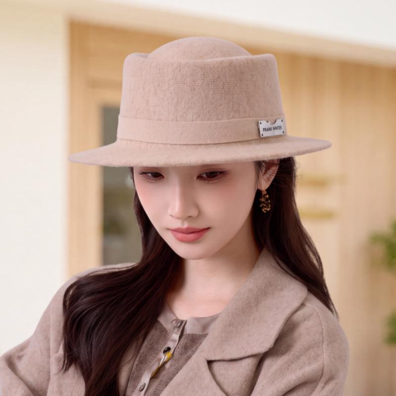 Autumn and winter new wool jazz hat women's retro elegant black flat top wide brim top hat versatile warm hat