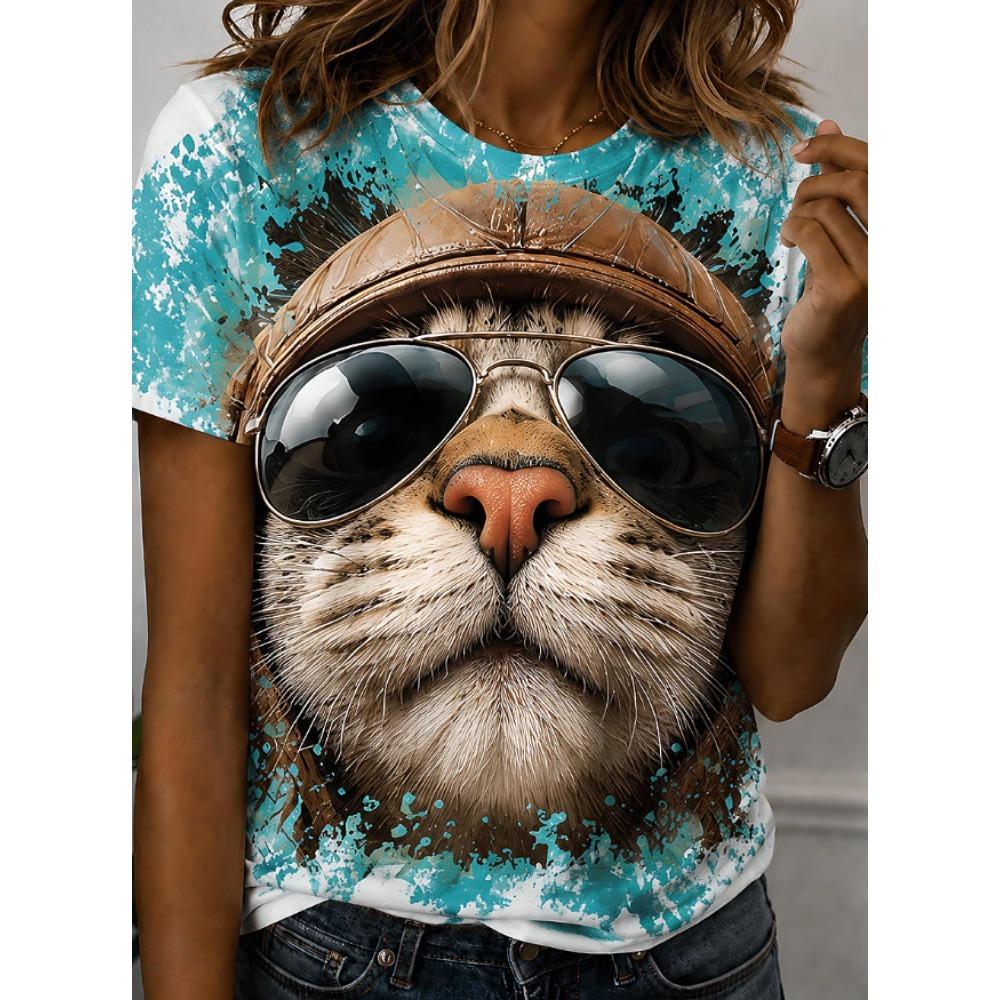 Fashion Women Retro Creative Cat Pattern Print T Shirt Funny Casual O-neck Short Sleeves T-shirt Summer Female Tee Shirt