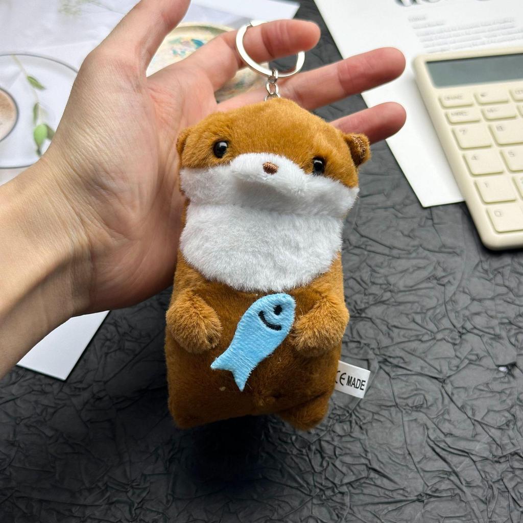 Cute Otter Holding Fish Plush Keychain - Creative Animal Pendant