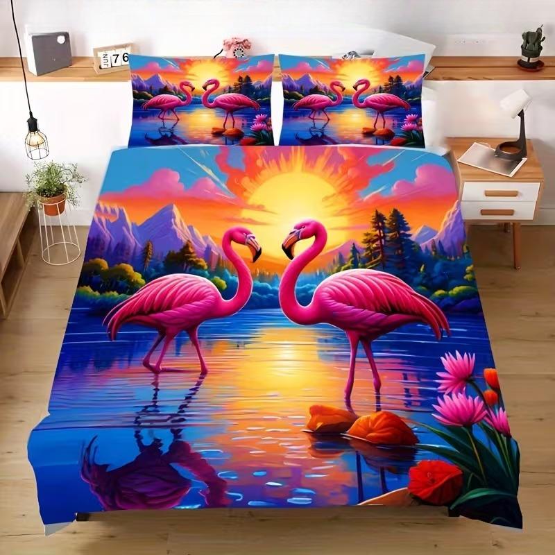 

Flamingo Sunset Bedding Set Animal Landscape Duvet Cover, Modern Bed Cover Home Decor Single Double Queen King Full Size Beds Baby 100x135cm