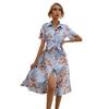 Summer Short Sleeve Women Floral Printed Shirt Dress Single-breasted Loose Casual Office Holiday Lace-up A-line Party Dresses Elegant Fashion Clothng
