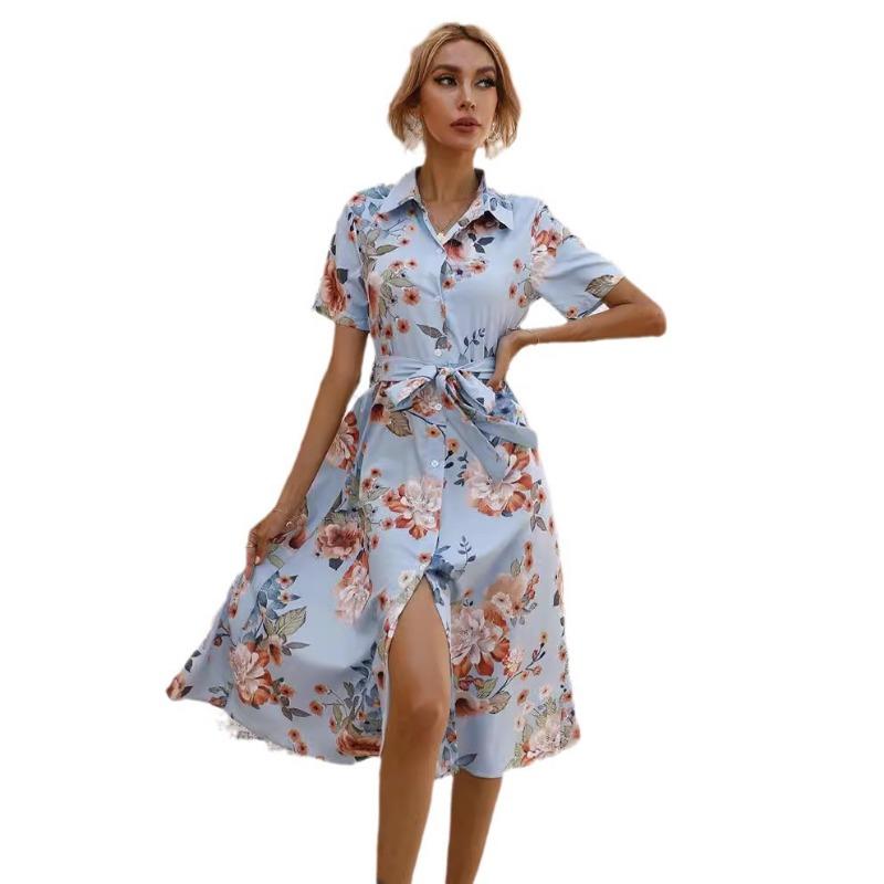 Summer Short Sleeve Women Floral Printed Shirt Dress Single-breasted Loose Casual Office Holiday Lace-up A-line Party Dresses Elegant Fashion Clothng