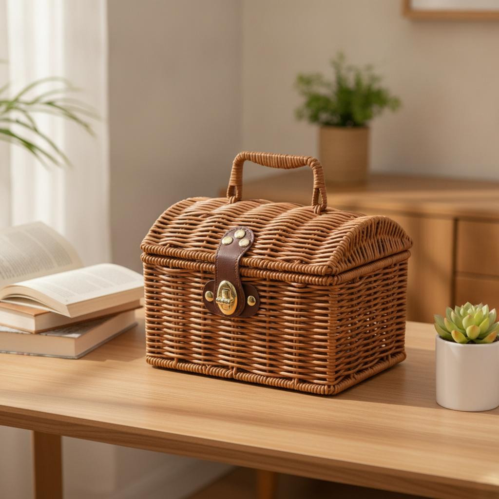 Basket with Lid and Handle Rattan Basket with Handle Portable Sturdy for Home Storage, Picnics
