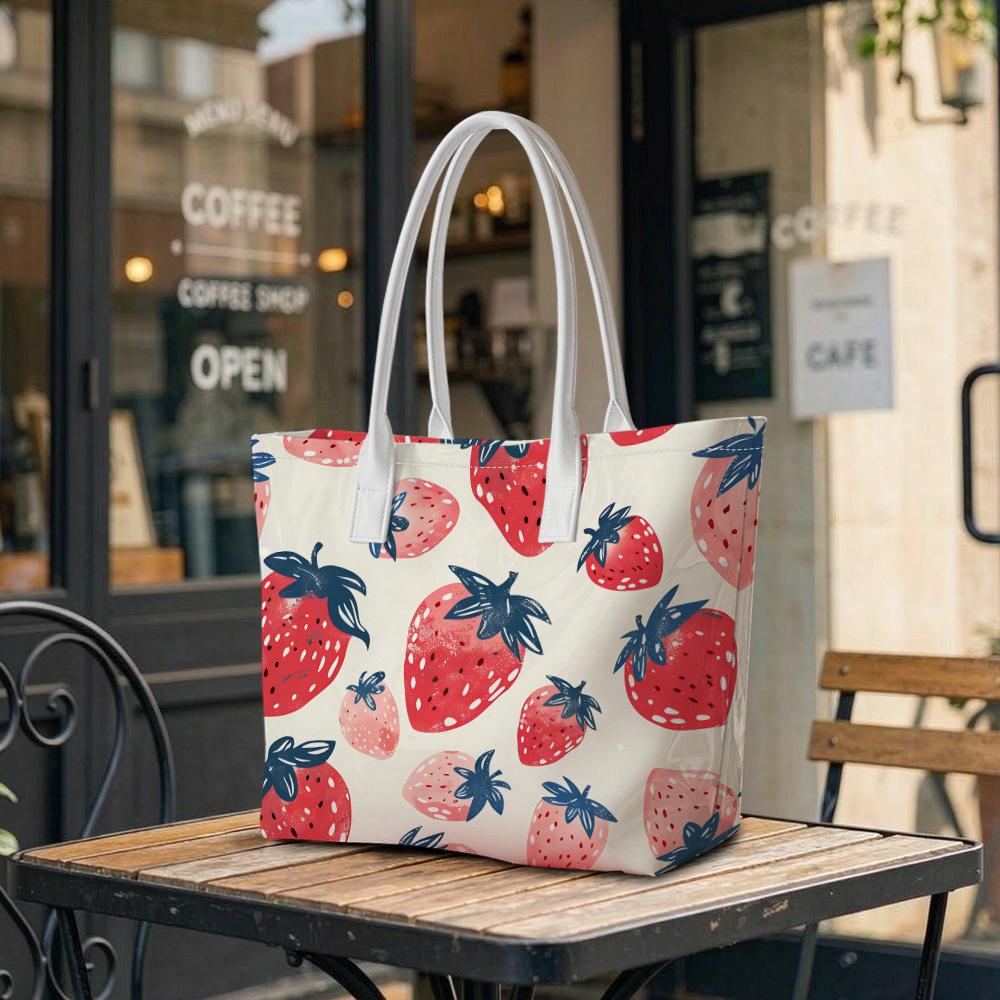 Cute Strawberry Printed Tote Bag Large Capacity Casual Fashion Daily Shoulder Bag for Women Outdoor Travel Shopping Use
