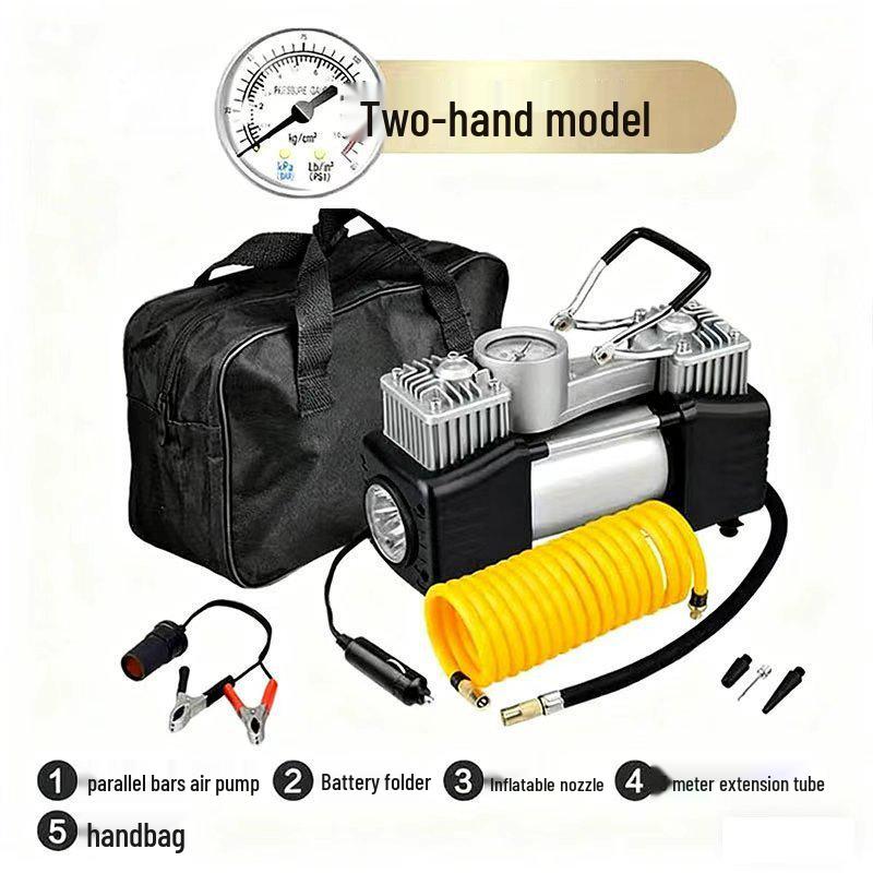 Dual Cylinder Car Air Pump, 150W - High Pressure, Multi-Function, Auto Fill & Stop for Sedan Tires.