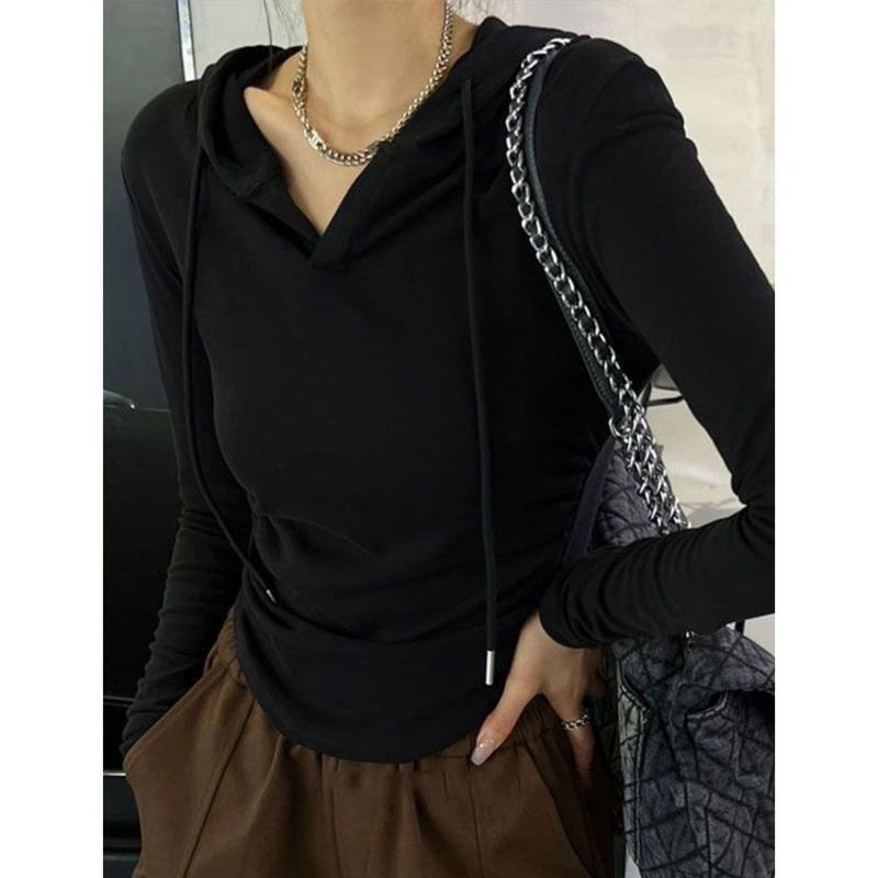 Women's Olive Green Hooded Slim Fit Long Sleeve Crop Top Drawstring Casual Pullover