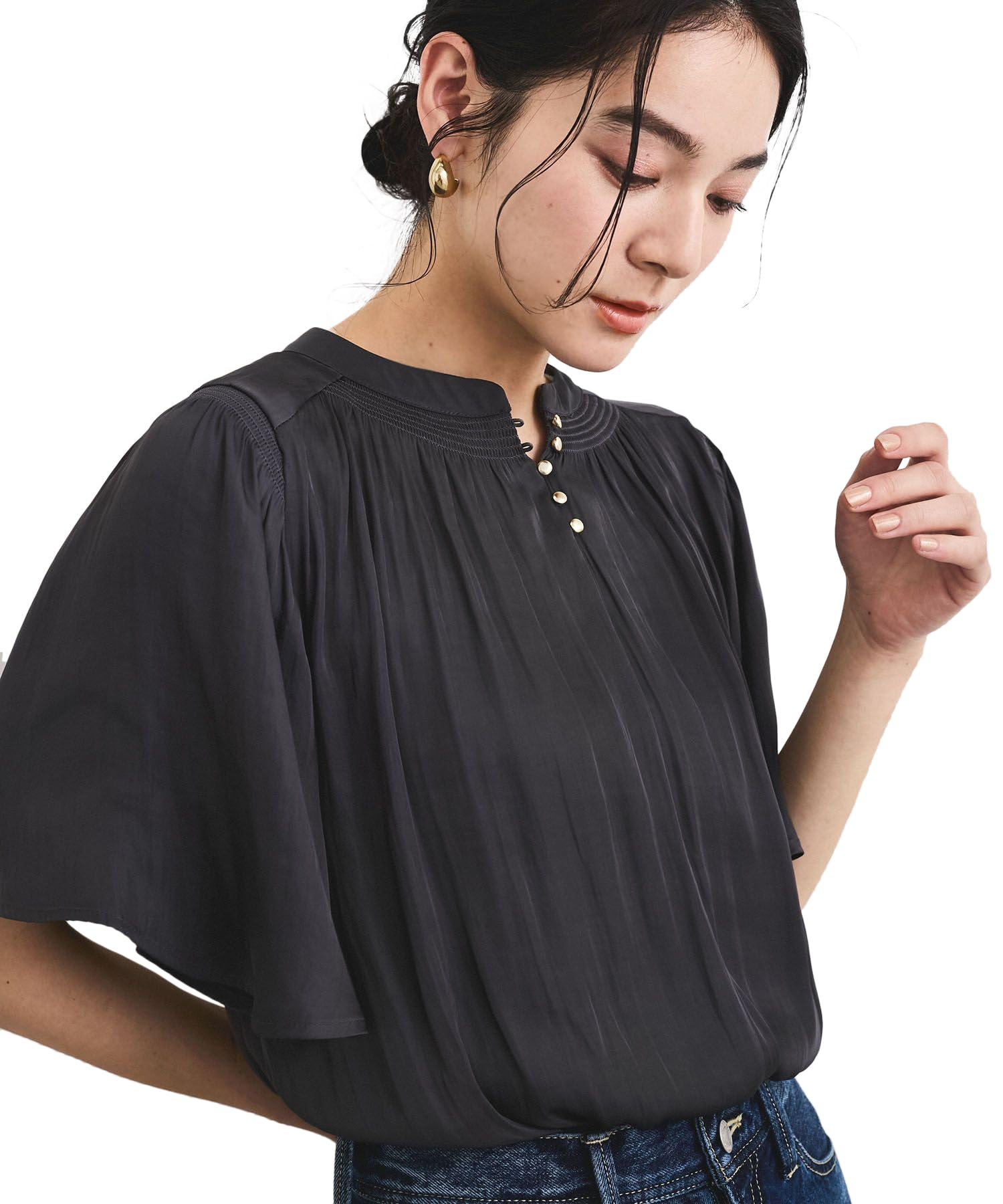 

Угольный [BIS] Женская блузка с рукавом до локтя из двухволоконной ткани с разрезом,