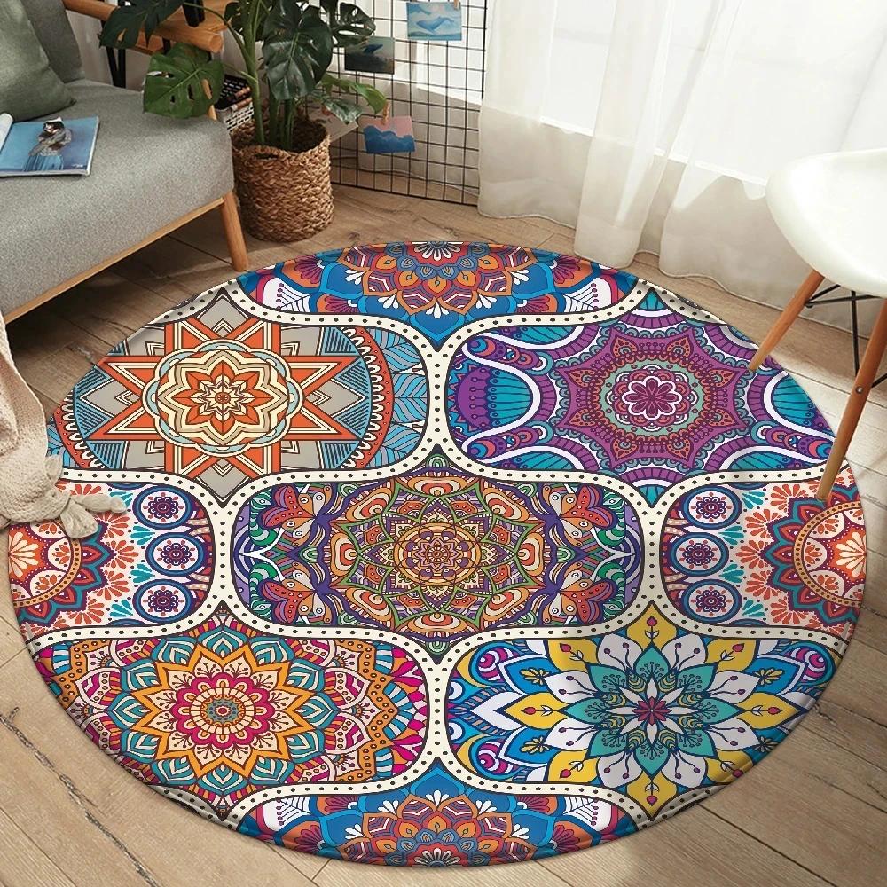 Alfombra Redonda Mandala Boho Alfombra de Área con Estampado Floral Colorido Para Sala de Estar Dormitorio Silla Felpudo Antideslizante para Suelo Hogar Cocina Felpudo de Puerta
