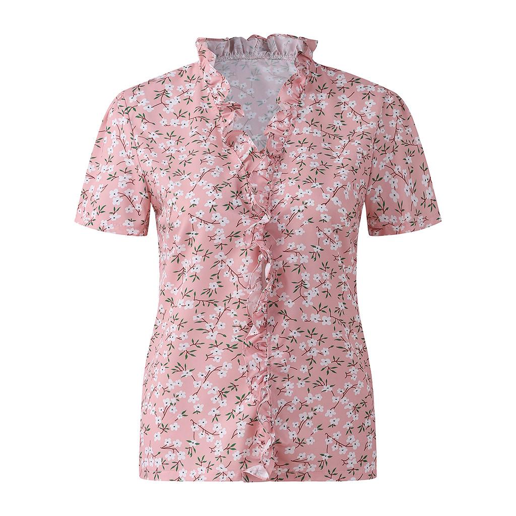 Women's Summer Ruffle V-Neck Short Sleeve Solid Print Casual Dressy T-Shirt Top