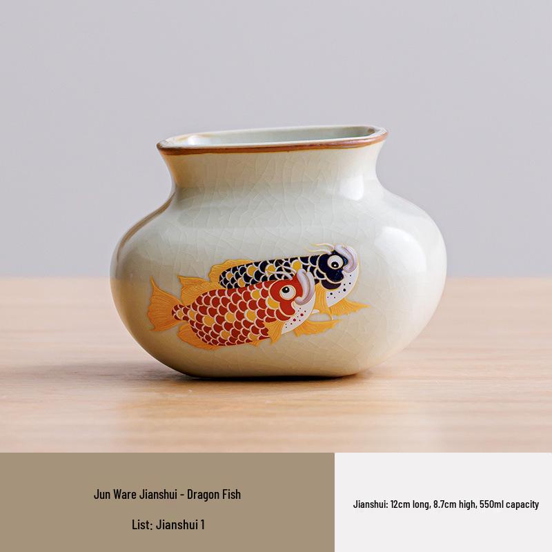 

Керамическая банка для чайной заварки с глазурью кракле, стиль печи Жу, с изображением рыбы-дракона Ru Kiln Jianshui - Dragon Fish