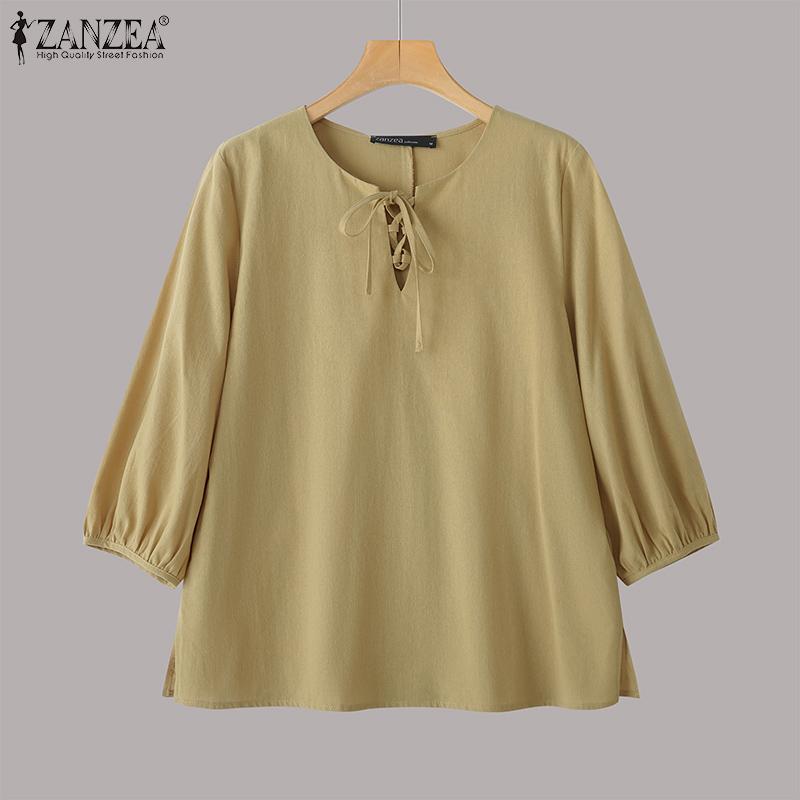 ZANZEA Damska sznurowana bluzka z dekoltem w serek, casualowa, z rękawem 3/4, luźna
