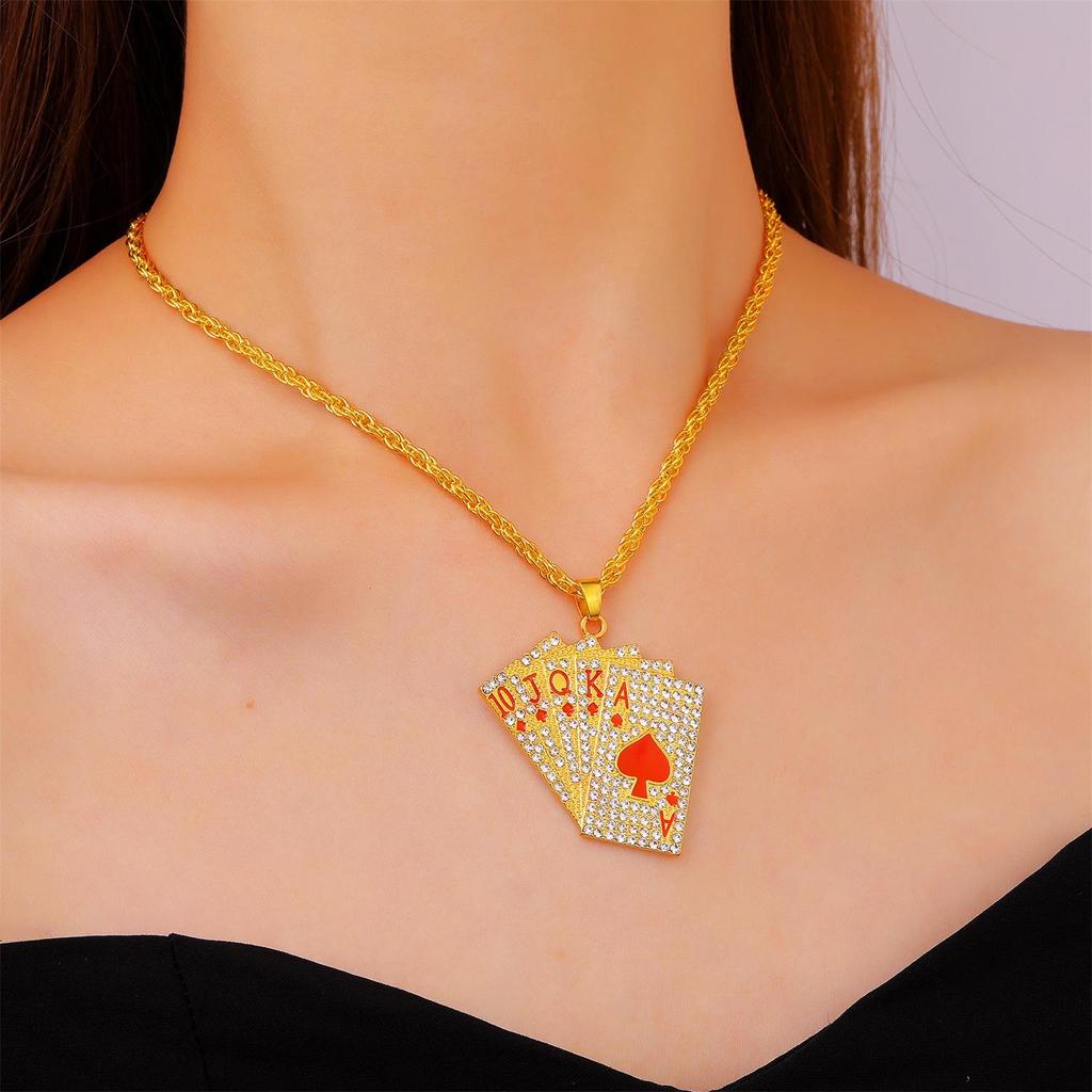 Punk Rhinestone Playing Card Pendant Necklace, Unisex Fashion Jewelry