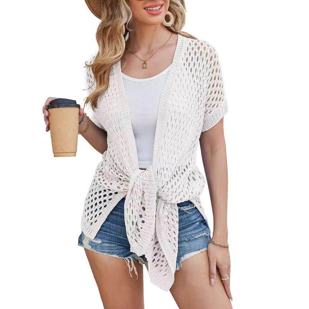 2024 European Mesh Crochet Short Sleeve Long Cardigan Cover-up