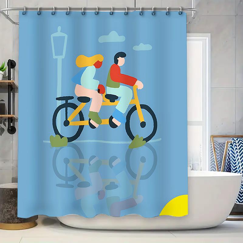 

Couple Riding Tandem Bike Shower Curtain Minimalist Cartoon Style Bathroom Decor For Romantic Home Vibe Waterproof Durable W60H190(CM)-1 Pcs