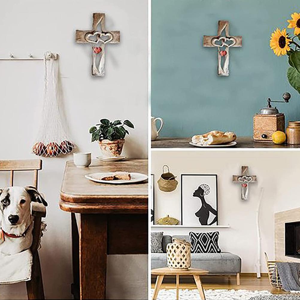 Carved Cross Intertwined Hearts Love Wooden Cross Hand Carved Design for Wall Hanging Home Living Room Decor