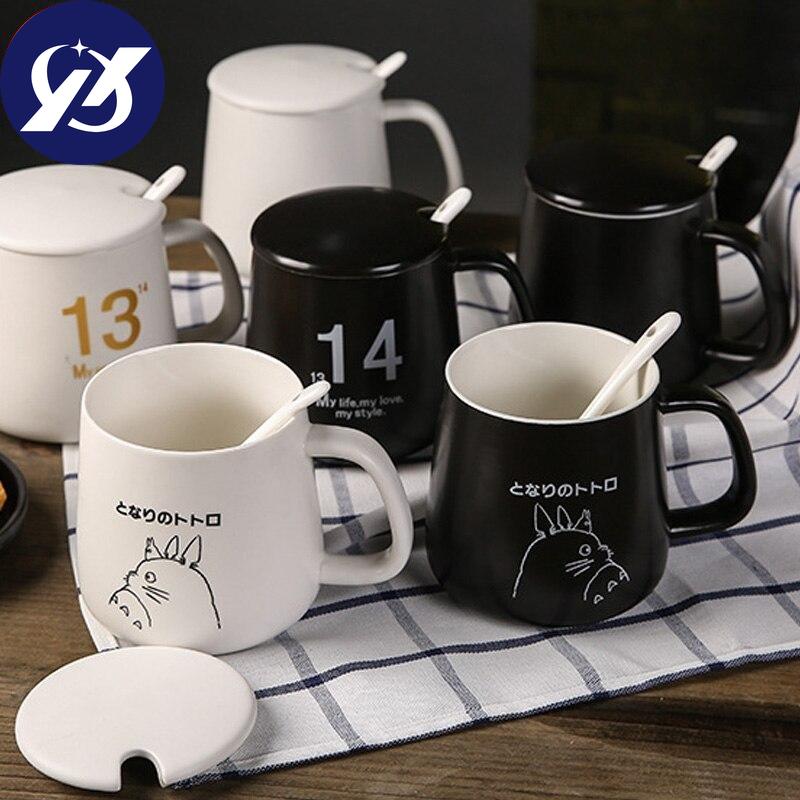 Japanese Style Totoro Coffee Mugs for Lovers Creative Milk Cup with Lid and Spoon Office Simple Ceramic Water Tea Cup Drinkware