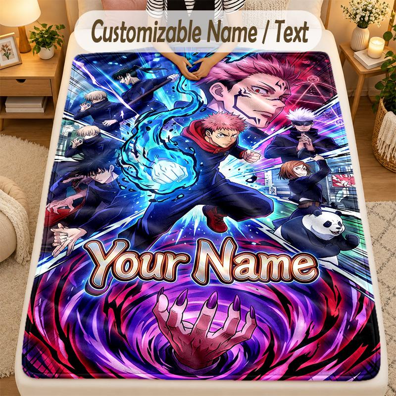 Flannel BlanketJujutsu Kaisen Custom Name Text Personalized Soft Warm Throw Blanket Home Decor Gift