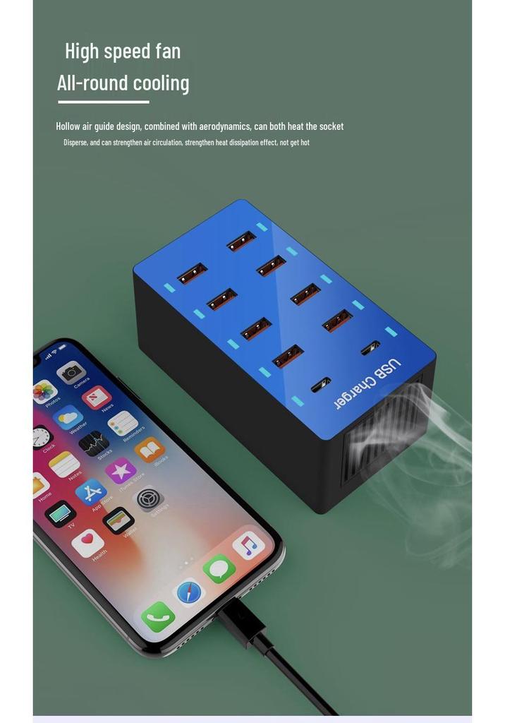 50W Multi-Port Power Strip: 10 USB Charger for Mobile Phones with US, EU, and UK Plugs