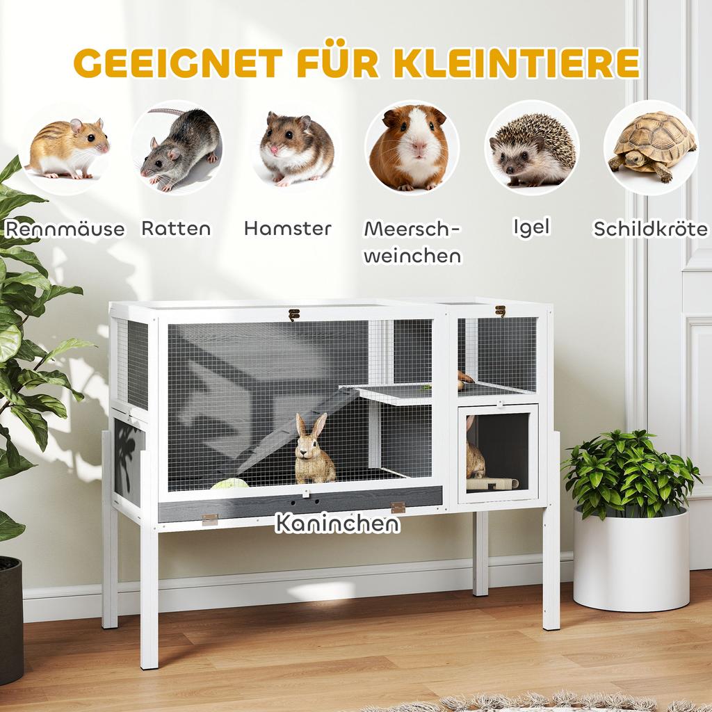 Small Animal Hutch for Dwarf Hamsters, Rabbits, Guinea Pigs, with Accessories, Elevated Design, Wood, Metal, Grey