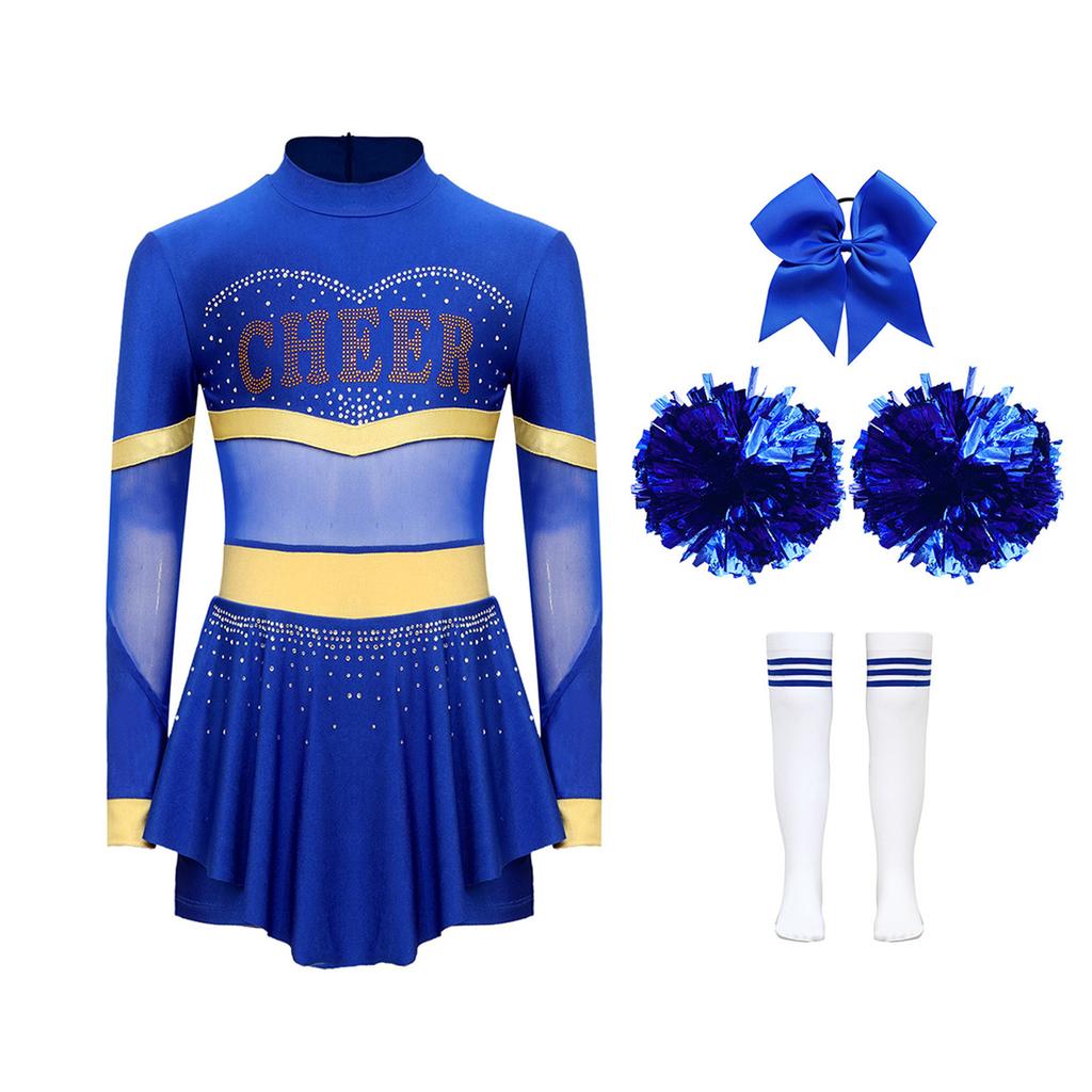 Girls Cheer Leader Costume Long Sleeve Diamonds Dance Jumpsuit Cheerleading Hand Flower Bowknot Hair Ties