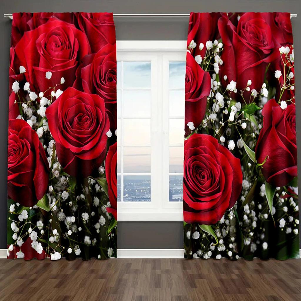 2 Stück Vorhänge mit Rosendruck, Stangentasche Heimdekoration, Raumdekoration