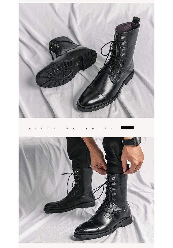 Herbst/Winter Übergröße Schnür-Stiefeletten - Europäische & Amerikanische Schwarze Motorrad-Denim & Business-Lederstiefel