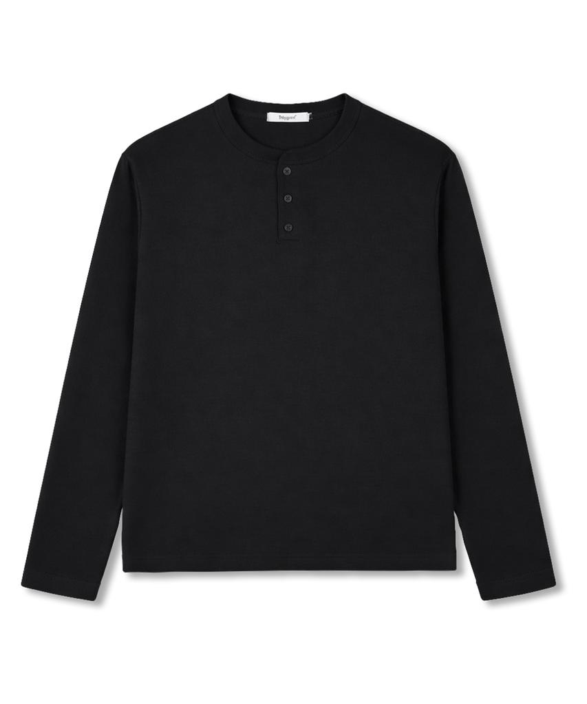 POLYGRAM Washable Semi-Crop Henley Neck Long Sleeve - Black