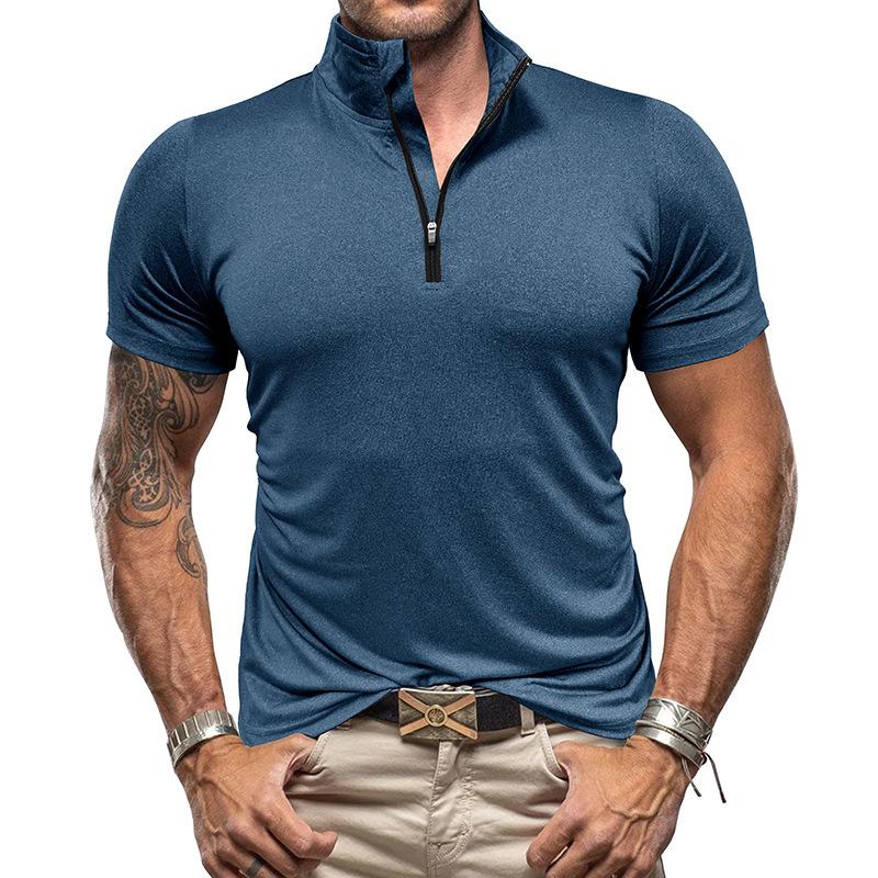 T-shirt sportiva da uomo Maniche corte ad asciugatura rapida Camicie solide Colletto alla coreana Pullover con cerniera Primavera Estate Abbigliamento fitness Camicie ad alta elasticità