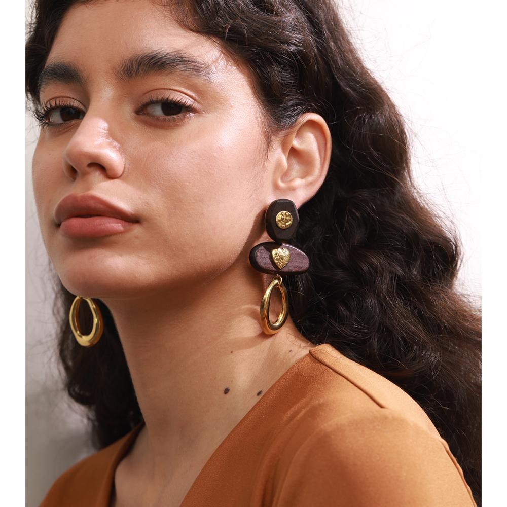 JINYOU 2804 Hot Selling Fashion Jewelry Brown Wood Stainless Steel Gold Plated Heart Hoop Drop Dangle Earrings
