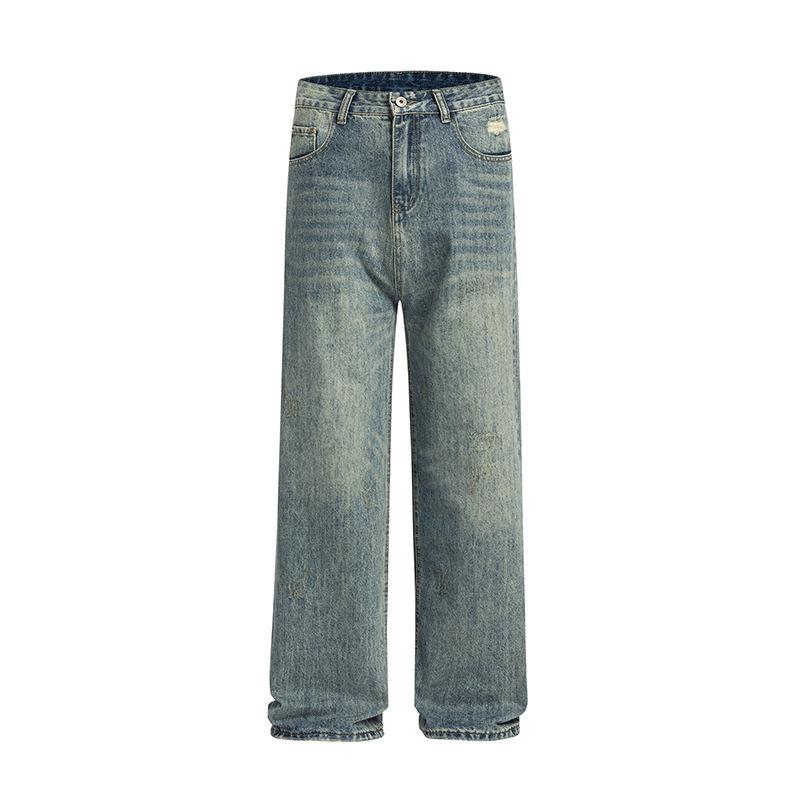 

American High Street Old Retro Washing Ripped Jeans Men s Loose Straight Wide-leg Pants XXL синий