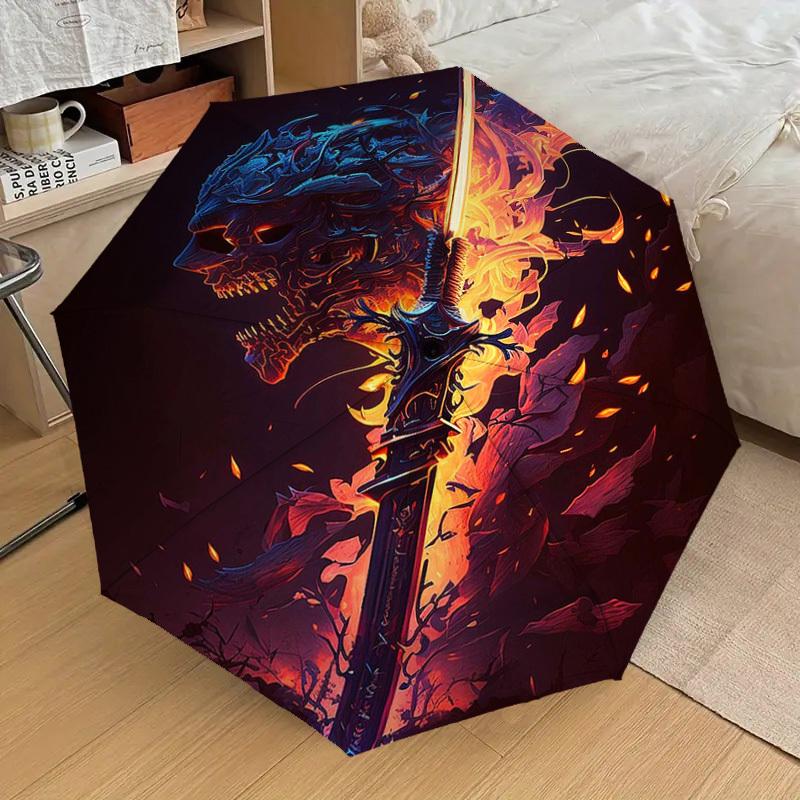 1pc Flaming Skull Holding Sword Umbrella with Plastic Handle,Suitable for All Seasons Home Travel Outdoor UmbrellaDD397