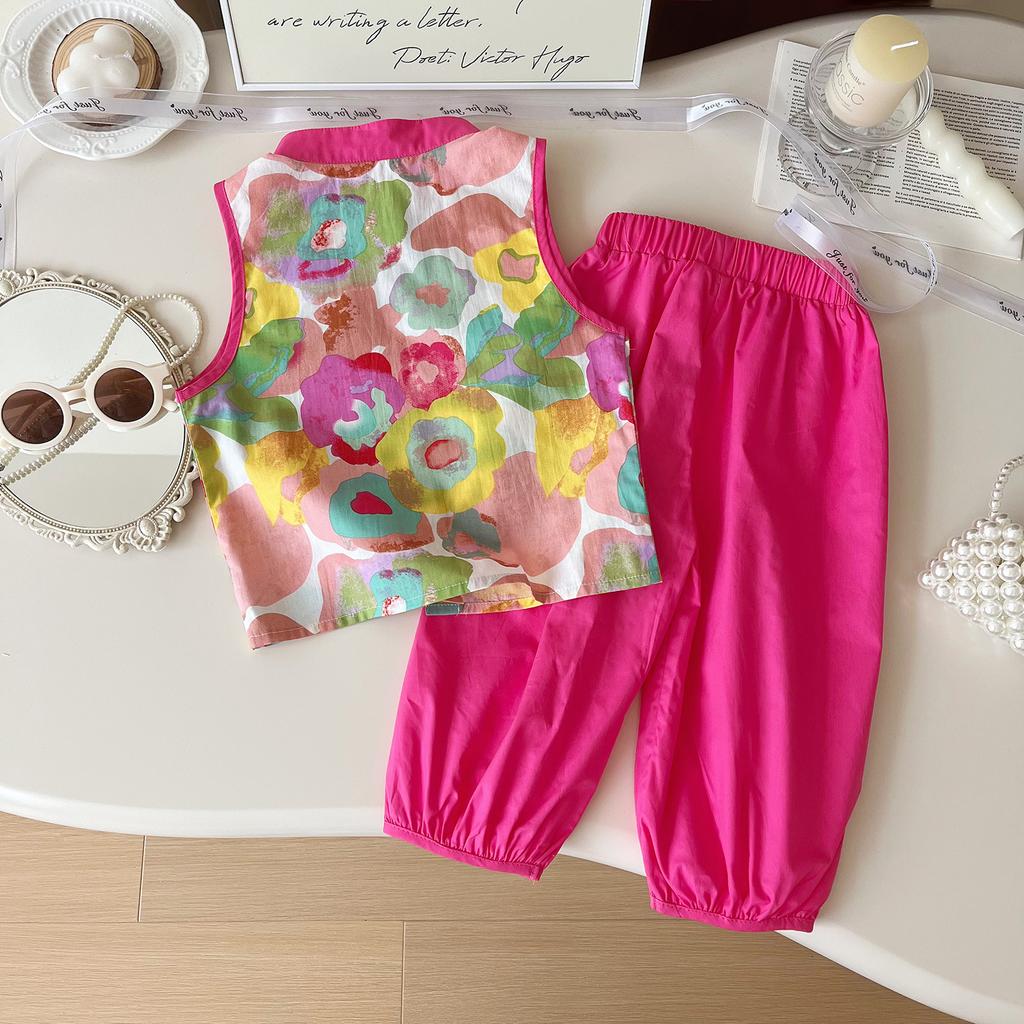 Girls' Summer Set Korean Printed Sleeveless Round Neck Suit Shirt and Pants Set Girls' Casual Two-piece Set