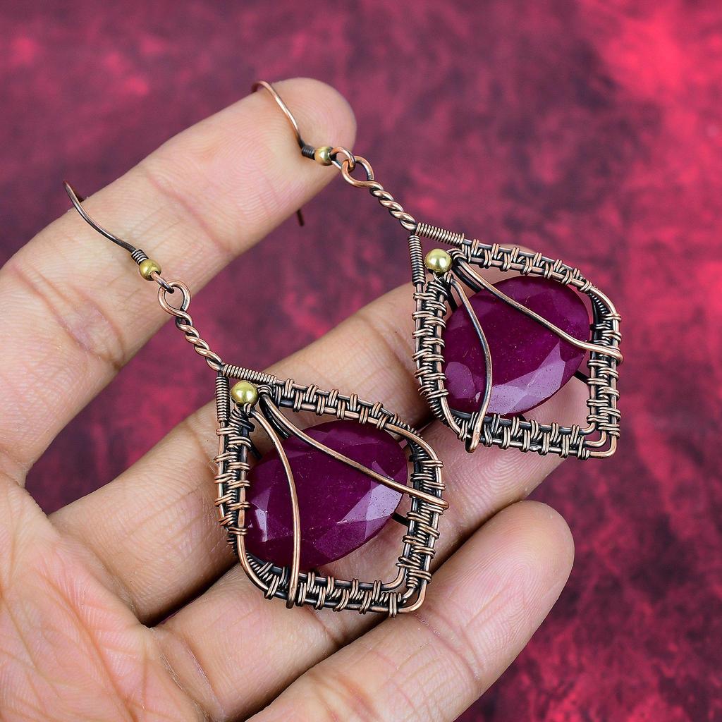 Faceted Kashmir Ruby Earring Copper Wire Wrapped Earring Kashmir Ruby Gemstone Jewelry Gifts for Friend Handmade Earring Copper Wire Jewelry