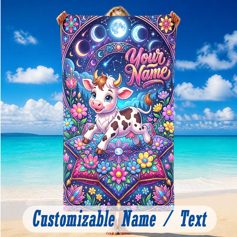 Cow Highland Theme Beach Towel Personalized Custom Name & Text Soft Quick Dry Beach Towel for Swimming Travel