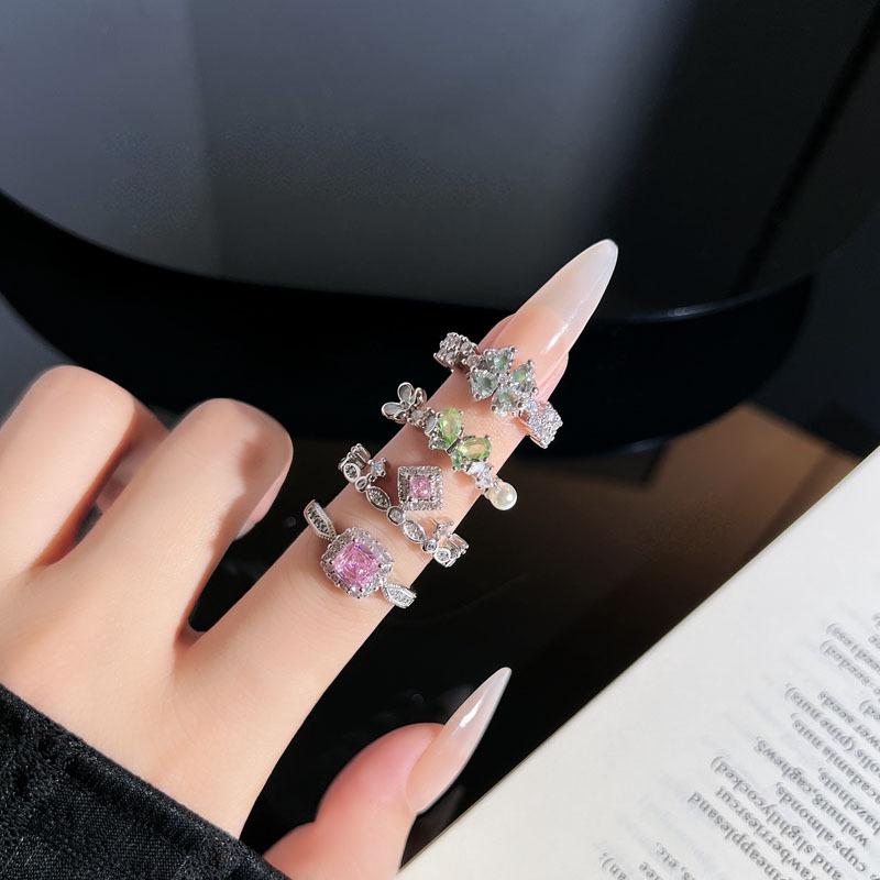 Forest-Inspired Pink Diamond Adjustable Ring with Butterfly and Four-Leaf Clover Design
