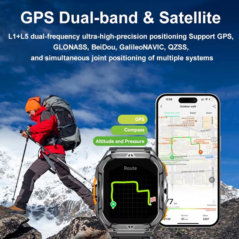 2026 New Dual Frequency GPS Smart Watch Men 1.96-inch HD AMOLED Screen Compass Bluetooth Call 5ATM Waterproof Sports Smart Watch